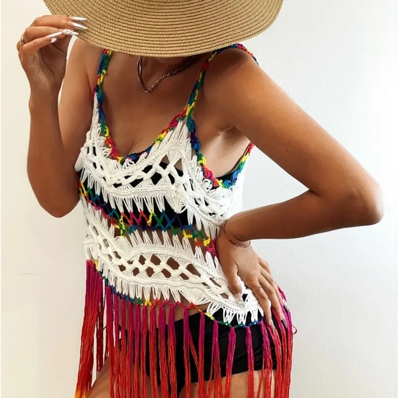 White Rainbow-Color Boho Tassel Beach Cover-Up Dress - Picture 6 of 11